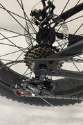 Deviant 20-inch fat tire off-road bike on the beach

Side view of 7-speed fat tire bike with disc brakes

Shimano derailleur on Deviant fat tire bike

Close-up of front disc brake and suspension fork

All-season fat tire bike on snow and gravel terrain