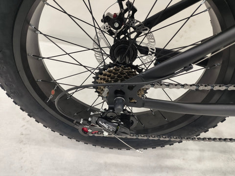 Deviant 20-inch fat tire off-road bike on the beach

Side view of 7-speed fat tire bike with disc brakes

Shimano derailleur on Deviant fat tire bike

Close-up of front disc brake and suspension fork

All-season fat tire bike on snow and gravel terrain
