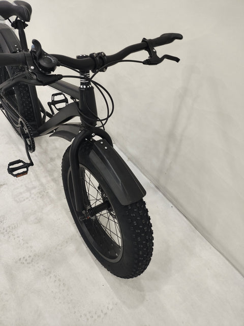 Deviant 20-inch fat tire off-road bike on the beach

Side view of 7-speed fat tire bike with disc brakes

Shimano derailleur on Deviant fat tire bike

Close-up of front disc brake and suspension fork

All-season fat tire bike on snow and gravel terrain