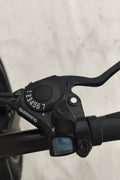 Deviant 20-inch fat tire off-road bike on the beach

Side view of 7-speed fat tire bike with disc brakes

Shimano derailleur on Deviant fat tire bike

Close-up of front disc brake and suspension fork

All-season fat tire bike on snow and gravel terrain