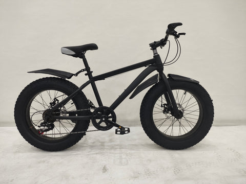 Deviant 20-inch fat tire off-road bike on the beach

Side view of 7-speed fat tire bike with disc brakes

Shimano derailleur on Deviant fat tire bike

Close-up of front disc brake and suspension fork

All-season fat tire bike on snow and gravel terrain