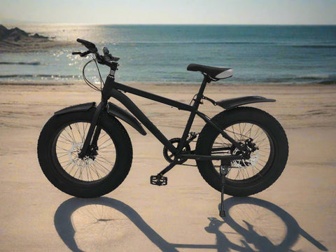 Deviant 20-inch fat tire off-road bike on the beach

Side view of 7-speed fat tire bike with disc brakes

Shimano derailleur on Deviant fat tire bike

Close-up of front disc brake and suspension fork

All-season fat tire bike on snow and gravel terrain