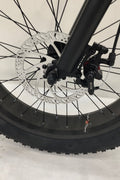 Deviant 20-inch fat tire off-road bike on the beach

Side view of 7-speed fat tire bike with disc brakes

Shimano derailleur on Deviant fat tire bike

Close-up of front disc brake and suspension fork

All-season fat tire bike on snow and gravel terrain
