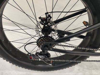 Deviant 26 inch fat tire bike side view on beach
Close-up of Shimano gear and disc brakes
All-terrain mountain bike with wide tires
Fat bike for snow, sand, and trails - Deviant 26 inch