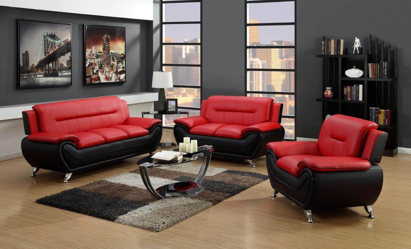 3PCS Modern Faux Leather Sofa Set – Red & Black Sofa, Loveseat, and Armchair with Chrome Legs for Contemporary Living Room