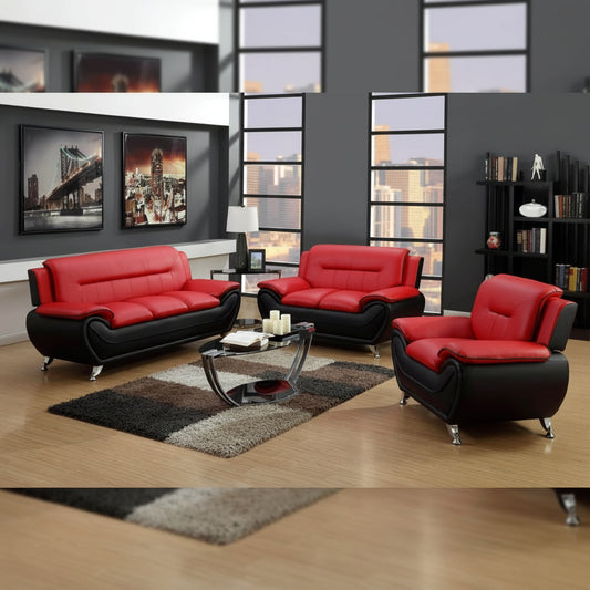 3PCS Modern Faux Leather Sofa Set – Red & Black Sofa, Loveseat, and Armchair with Chrome Legs for Contemporary Living Room