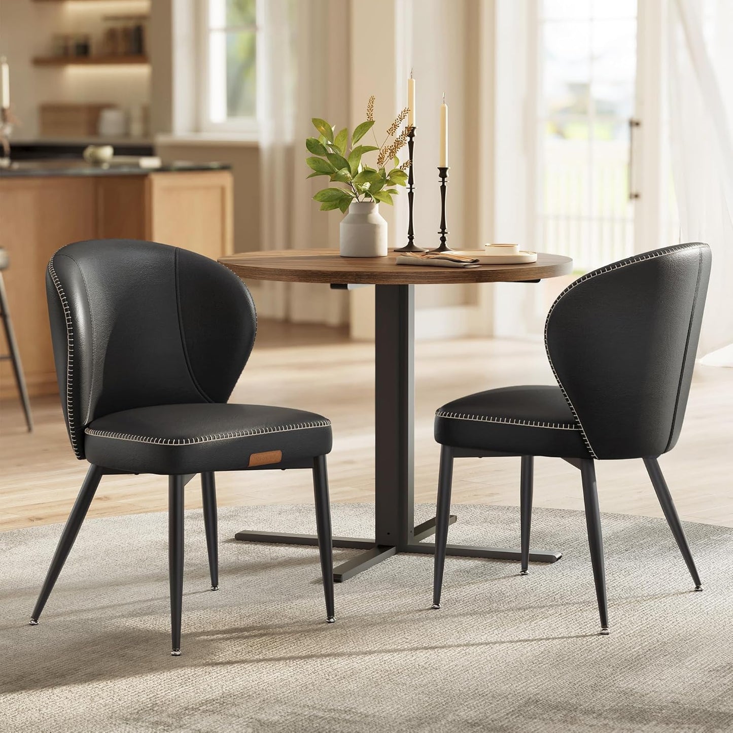 Dining Chairs Set of 2, Upholstered Kitchen Chairs with Synthetic Leather Seat and Mid-Century Modern Design - with Ink Black | Sold by Uncle Wiener's Wholesale