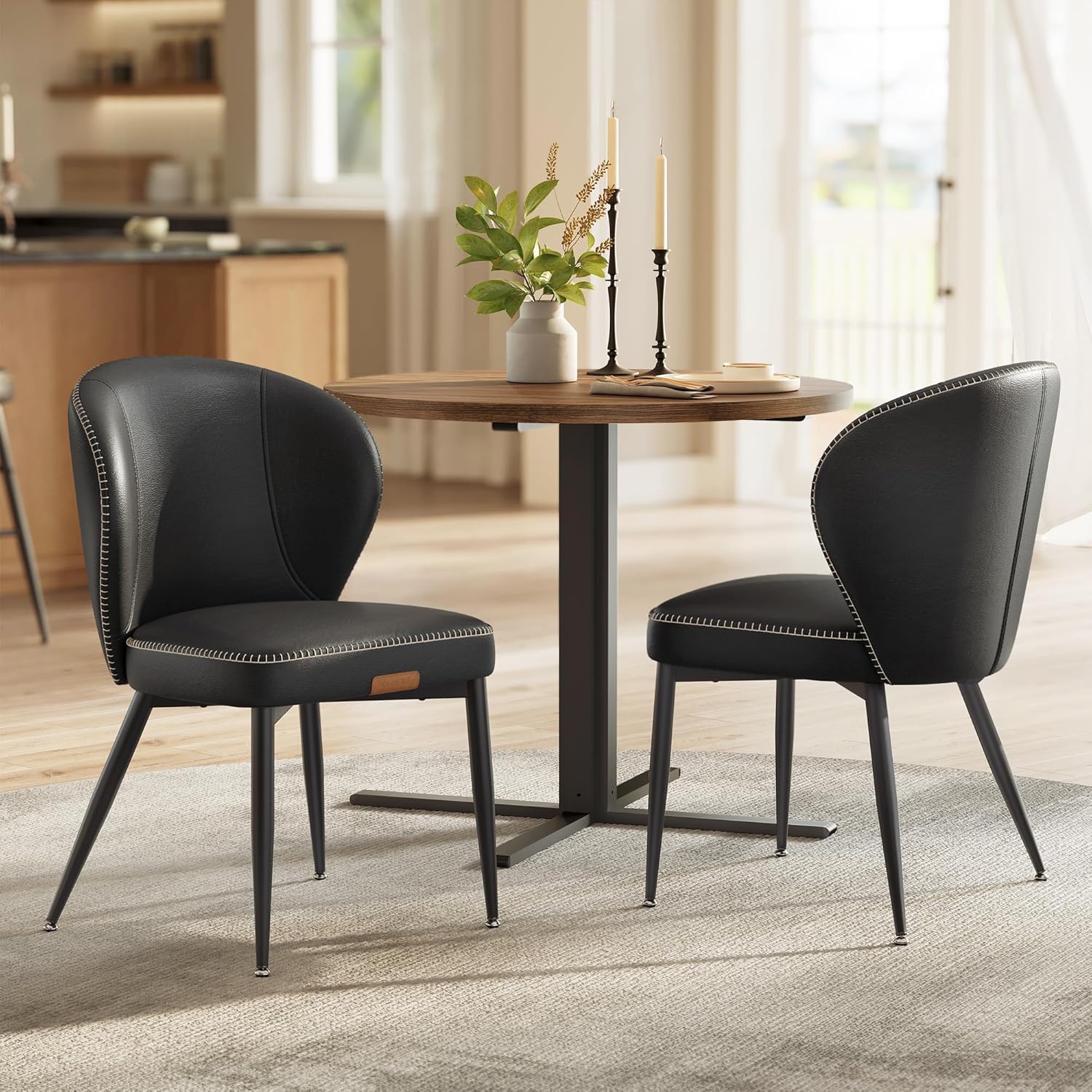 Dining Chairs Set of 2, Upholstered Kitchen Chairs with Synthetic Leather Seat and Mid-Century Modern Design - with Ink Black | Sold by Uncle Wiener's Wholesale