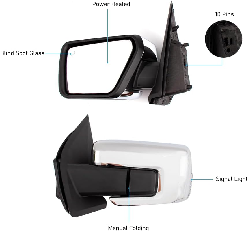 Door Mirror Assembly for Ford F - 150 (2021–2024) – Chrome Back Cover, Heated, Turn Signal, Blind Spot Glass – Left Driver Side F150MIRLH21CHR - with | Sold by Uncle Wiener's Wholesale