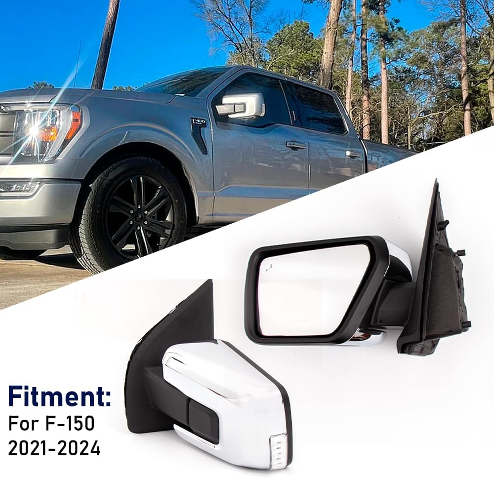 Door Mirror Assembly for Ford F - 150 (2021–2024) – Chrome Back Cover, Heated, Turn Signal, Blind Spot Glass – Left Driver Side F150MIRLH21CHR - with | Sold by Uncle Wiener's Wholesale