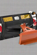 48" hydraulic dozer blade with mini skid steer mount

Side view of mini skid steer grading attachment

Universal mini skid steer dozer blade angled

Heavy-duty 48 inch blade with hydraulic tilt

Compact dozer blade on concrete shop floor