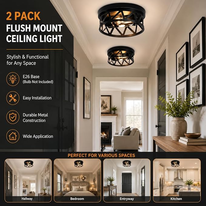 DPXEKQ 2-Light Flush Mount Ceiling Lights 2-Pack – 11" Black Farmhouse Industrial Ceiling Fixtures with Open Metal Cage for Hallway, Kitchen & Bedroom - Furniture with | Sold by Uncle Wiener's Wholesale