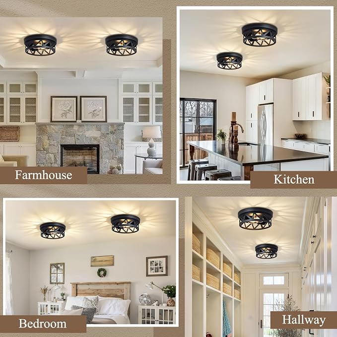 DPXEKQ 2-Light Flush Mount Ceiling Lights 2-Pack – 11" Black Farmhouse Industrial Ceiling Fixtures with Open Metal Cage for Hallway, Kitchen & Bedroom - Furniture with | Sold by Uncle Wiener's Wholesale