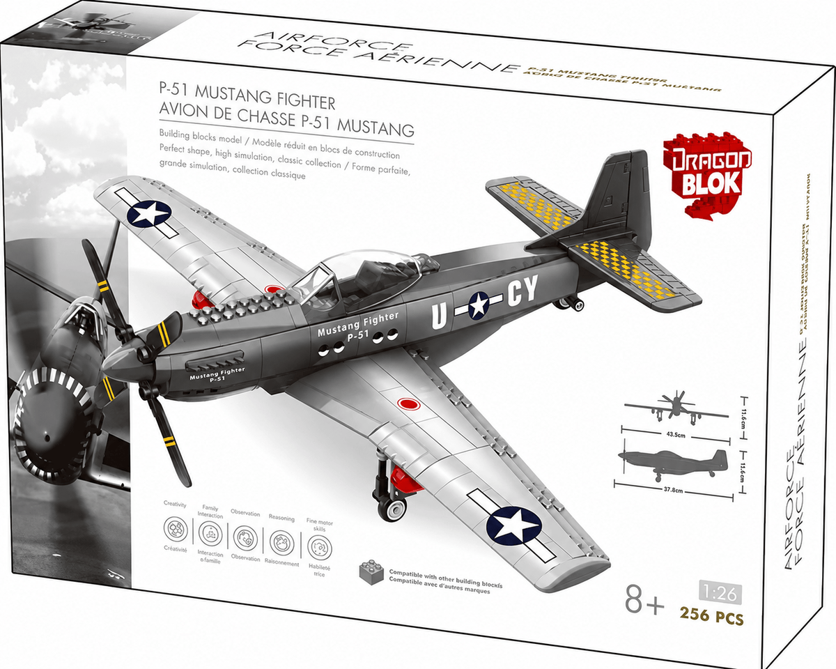 Dragon Blok P-51 Mustang Fighter Building Block Set – 256 Piece Military Aircraft Model Kit - Toys with | Sold by Uncle Wiener's Wholesale