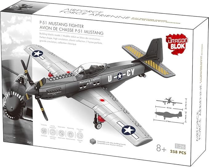 Dragon Blok P - 51 Mustang Fighter Building Block Set – 258 Piece Military Aircraft Model Kit - Toys with | Sold by Uncle Wiener's Wholesale