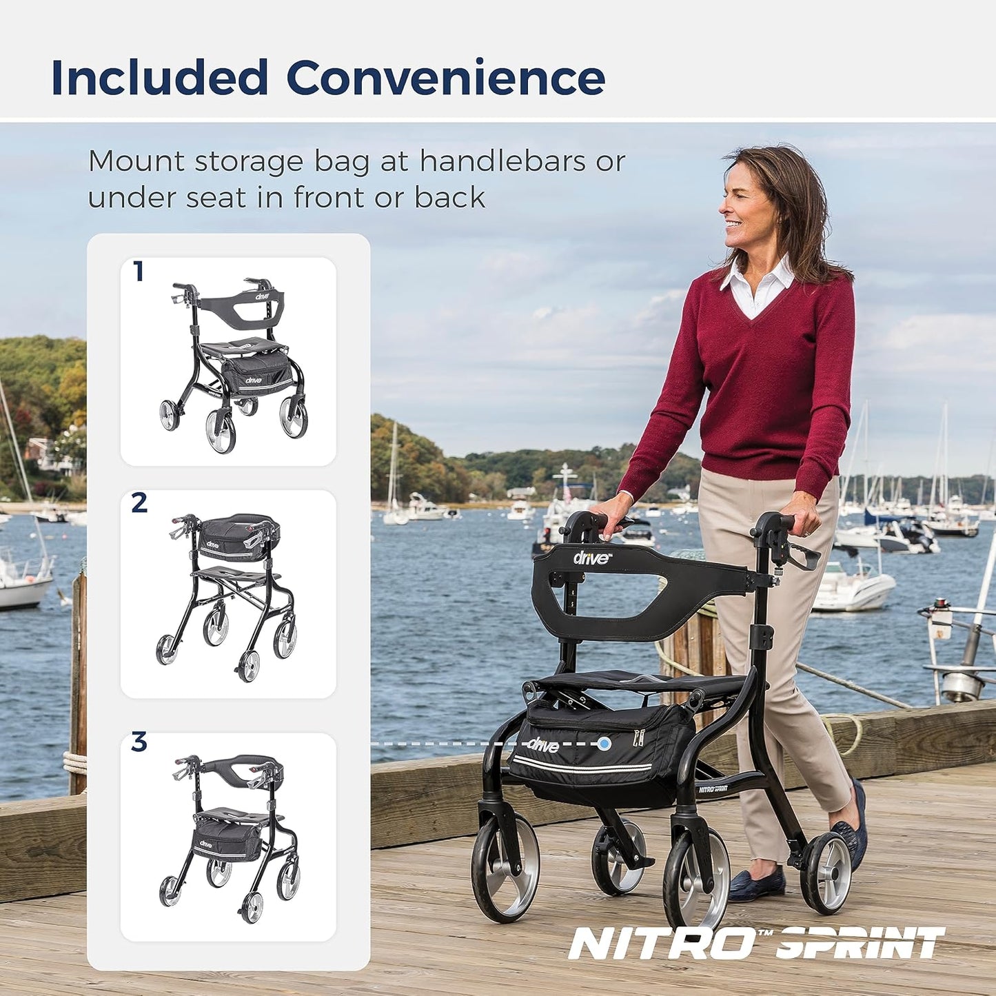 Drive Medical Nitro Sprint Foldable Rollator Walker with Seat, Standard Height Lightweight Rollator with Large Wheels, Folding Rolling Walker, Walker Rollator with Seat, Black - with | Sold by Uncle Wiener's Wholesale