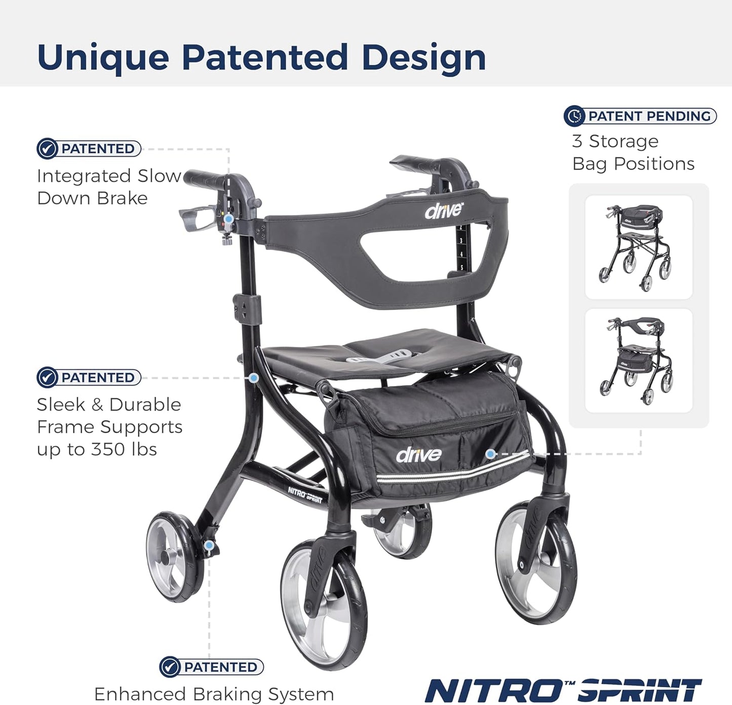 Drive Medical Nitro Sprint Foldable Rollator Walker with Seat, Standard Height Lightweight Rollator with Large Wheels, Folding Rolling Walker, Walker Rollator with Seat, Black - with | Sold by Uncle Wiener's Wholesale