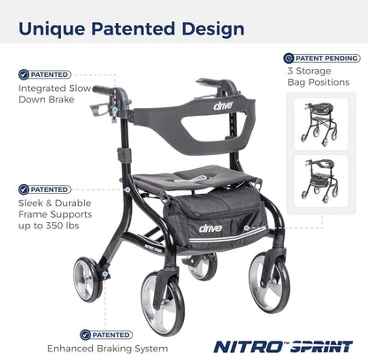 Drive Medical Nitro Sprint Foldable Rollator Walker with Seat, Standard Height Lightweight Rollator with Large Wheels, Folding Rolling Walker, Walker Rollator with Seat, Black - with | Sold by Uncle Wiener's Wholesale