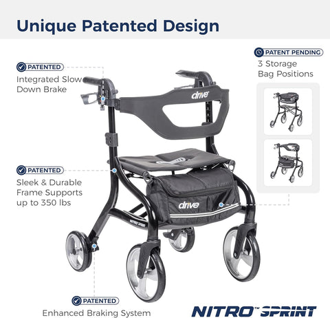 Drive Medical Nitro Sprint Foldable Rollator Walker with Seat, Standard Height Lightweight Rollator with Large Wheels, Folding Rolling Walker, Walker Rollator with Seat, Black - with | Sold by Uncle Wiener's Wholesale