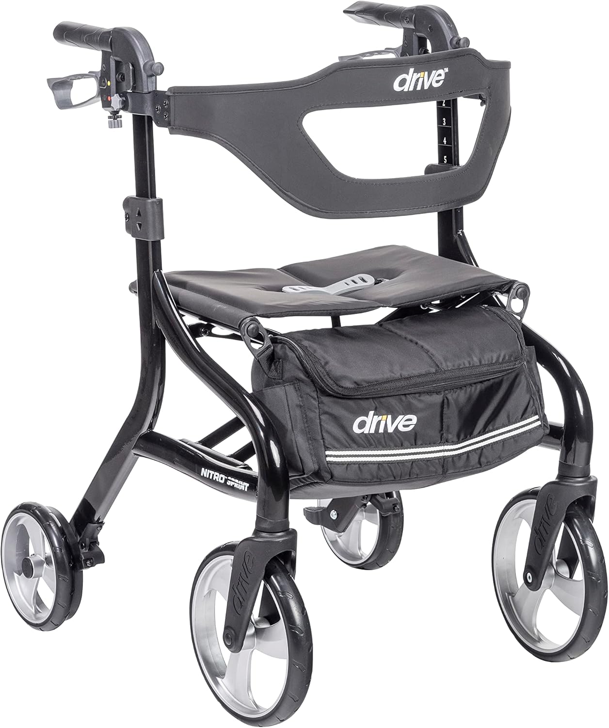 Drive Medical Nitro Sprint Foldable Rollator Walker with Seat, Standard Height Lightweight Rollator with Large Wheels, Folding Rolling Walker, Walker Rollator with Seat, Black - with | Sold by Uncle Wiener's Wholesale