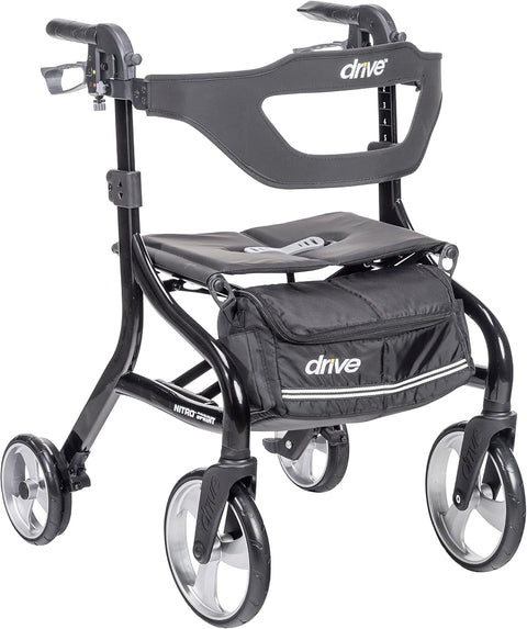 Drive Medical Nitro Sprint Foldable Rollator Walker with Seat, Standard Height Lightweight Rollator with Large Wheels, Folding Rolling Walker, Walker Rollator with Seat, Black - with | Sold by Uncle Wiener's Wholesale