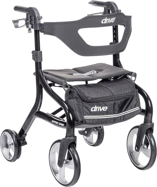 Drive Medical Nitro Sprint Foldable Rollator Walker with Seat, Standard Height Lightweight Rollator with Large Wheels, Folding Rolling Walker, Walker Rollator with Seat, Black - with | Sold by Uncle Wiener's Wholesale