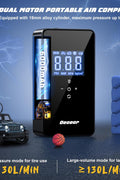 Dual motor 150 PSI tire inflator with digital LCD display
Portable air compressor kit with hoses and nozzles
6000mAh rechargeable tire inflator for cars and bikes