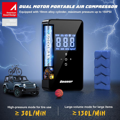 Dual motor 150 PSI tire inflator with digital LCD display
Portable air compressor kit with hoses and nozzles
6000mAh rechargeable tire inflator for cars and bikes