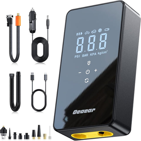 Dual motor 150 PSI tire inflator with digital LCD display
Portable air compressor kit with hoses and nozzles
6000mAh rechargeable tire inflator for cars and bikes