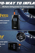 Dual motor 150 PSI tire inflator with digital LCD display
Portable air compressor kit with hoses and nozzles
6000mAh rechargeable tire inflator for cars and bikes