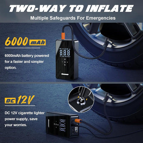 Dual motor 150 PSI tire inflator with digital LCD display
Portable air compressor kit with hoses and nozzles
6000mAh rechargeable tire inflator for cars and bikes
