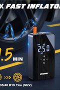 Dual motor 150 PSI tire inflator with digital LCD display
Portable air compressor kit with hoses and nozzles
6000mAh rechargeable tire inflator for cars and bikes