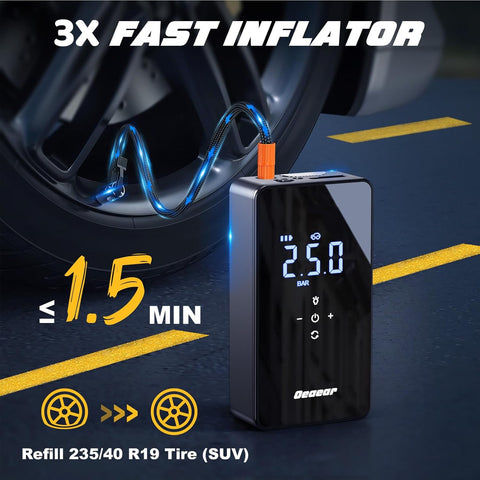 Dual motor 150 PSI tire inflator with digital LCD display
Portable air compressor kit with hoses and nozzles
6000mAh rechargeable tire inflator for cars and bikes