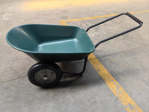 Dual wheel garden cart with green tray on grass

WB4511 heavy-duty wheelbarrow front angle view

Flat-free dual tires and balanced design garden wheelbarrow

Side profile of 5 cu ft garden cart in outdoor setting
