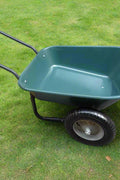 Dual wheel garden cart with green tray on grass

WB4511 heavy-duty wheelbarrow front angle view

Flat-free dual tires and balanced design garden wheelbarrow

Side profile of 5 cu ft garden cart in outdoor setting
