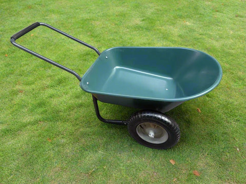 Dual wheel garden cart with green tray on grass

WB4511 heavy-duty wheelbarrow front angle view

Flat-free dual tires and balanced design garden wheelbarrow

Side profile of 5 cu ft garden cart in outdoor setting