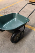 Dual wheel garden cart with green tray on grass

WB4511 heavy-duty wheelbarrow front angle view

Flat-free dual tires and balanced design garden wheelbarrow

Side profile of 5 cu ft garden cart in outdoor setting