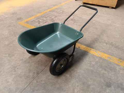 Dual wheel garden cart with green tray on grass

WB4511 heavy-duty wheelbarrow front angle view

Flat-free dual tires and balanced design garden wheelbarrow

Side profile of 5 cu ft garden cart in outdoor setting