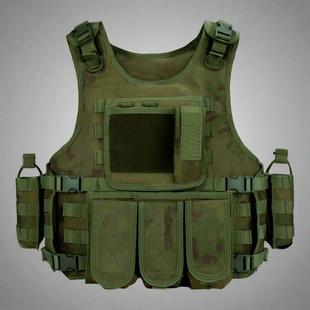 Black Tactical MOLLE Vest – Front View

Tactical Vest Worn by Model – Side View

Adjustable Combat Vest – Straps and Buckles Detail

MOLLE System Tactical Vest – Rear View

Tactical Vest in ACU and A-TACS Camo – Group Display