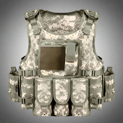 Black Tactical MOLLE Vest – Front View

Tactical Vest Worn by Model – Side View

Adjustable Combat Vest – Straps and Buckles Detail

MOLLE System Tactical Vest – Rear View

Tactical Vest in ACU and A-TACS Camo – Group Display