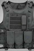 Black Tactical MOLLE Vest – Front View

Tactical Vest Worn by Model – Side View

Adjustable Combat Vest – Straps and Buckles Detail

MOLLE System Tactical Vest – Rear View

Tactical Vest in ACU and A-TACS Camo – Group Display