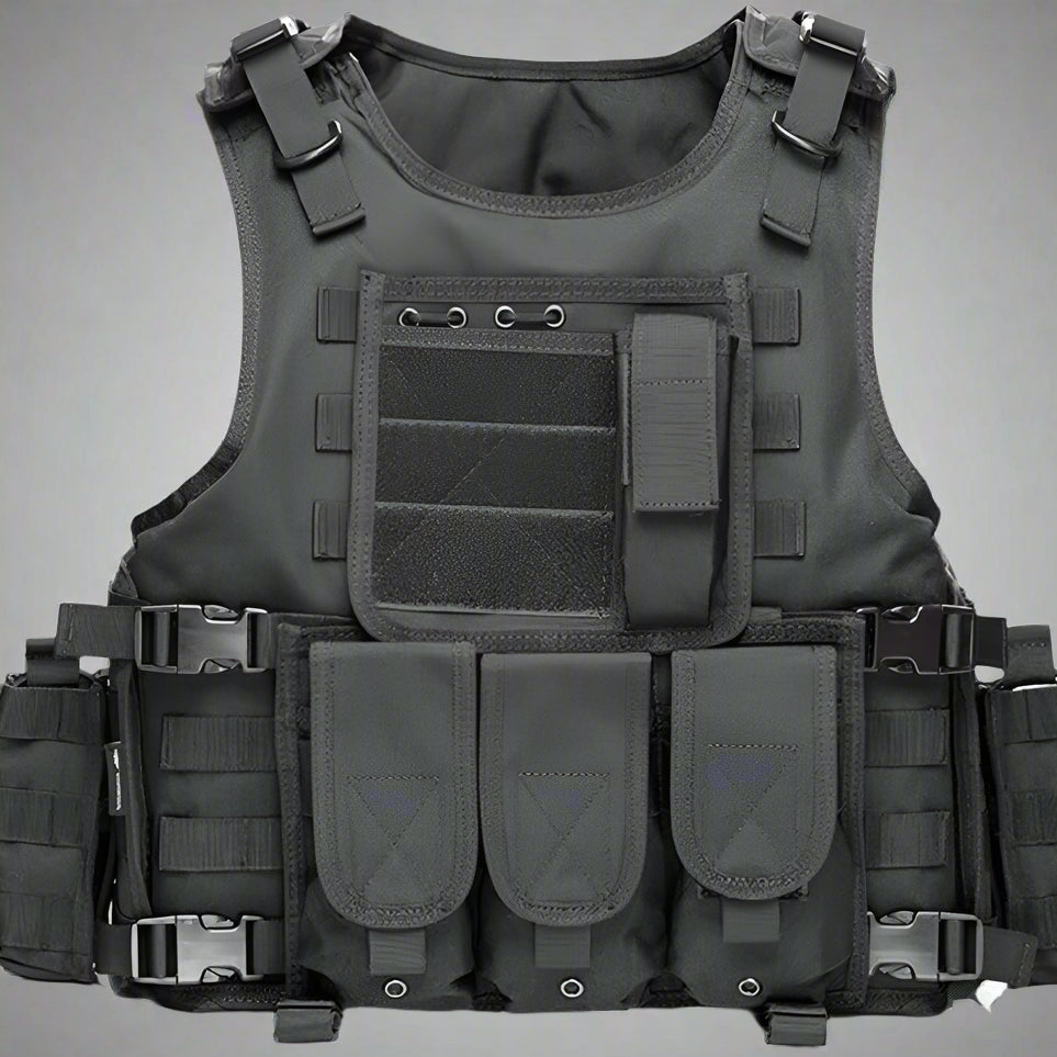 Black Tactical MOLLE Vest – Front View

Tactical Vest Worn by Model – Side View

Adjustable Combat Vest – Straps and Buckles Detail

MOLLE System Tactical Vest – Rear View

Tactical Vest in ACU and A-TACS Camo – Group Display