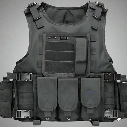 Black Tactical MOLLE Vest – Front View

Tactical Vest Worn by Model – Side View

Adjustable Combat Vest – Straps and Buckles Detail

MOLLE System Tactical Vest – Rear View

Tactical Vest in ACU and A-TACS Camo – Group Display