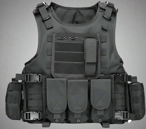 Black Tactical MOLLE Vest – Front View

Tactical Vest Worn by Model – Side View

Adjustable Combat Vest – Straps and Buckles Detail

MOLLE System Tactical Vest – Rear View

Tactical Vest in ACU and A-TACS Camo – Group Display