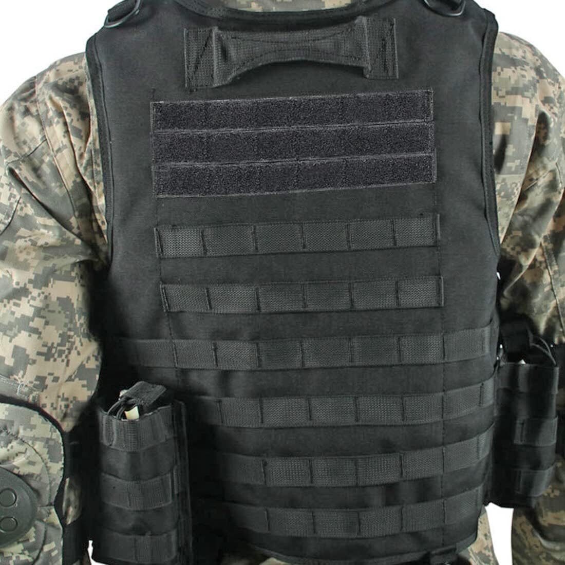 Black Tactical MOLLE Vest – Front View

Tactical Vest Worn by Model – Side View

Adjustable Combat Vest – Straps and Buckles Detail

MOLLE System Tactical Vest – Rear View

Tactical Vest in ACU and A-TACS Camo – Group Display