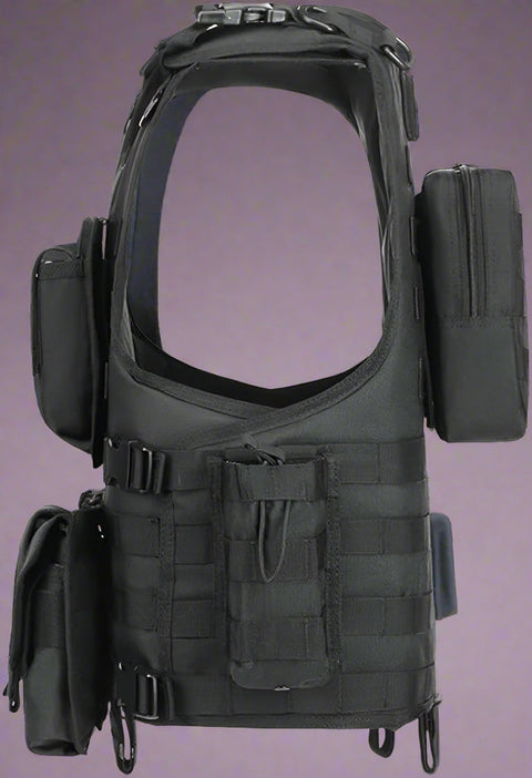 Black Tactical MOLLE Vest – Front View

Tactical Vest Worn by Model – Side View

Adjustable Combat Vest – Straps and Buckles Detail

MOLLE System Tactical Vest – Rear View

Tactical Vest in ACU and A-TACS Camo – Group Display
