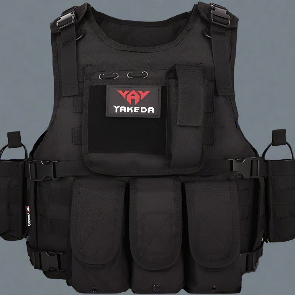 Black Tactical MOLLE Vest – Front View

Tactical Vest Worn by Model – Side View

Adjustable Combat Vest – Straps and Buckles Detail

MOLLE System Tactical Vest – Rear View

Tactical Vest in ACU and A-TACS Camo – Group Display