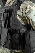 Black Tactical MOLLE Vest – Front View

Tactical Vest Worn by Model – Side View

Adjustable Combat Vest – Straps and Buckles Detail

MOLLE System Tactical Vest – Rear View

Tactical Vest in ACU and A-TACS Camo – Group Display