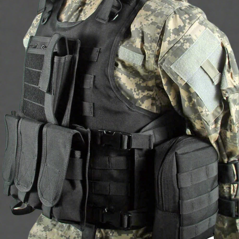 Black Tactical MOLLE Vest – Front View

Tactical Vest Worn by Model – Side View

Adjustable Combat Vest – Straps and Buckles Detail

MOLLE System Tactical Vest – Rear View

Tactical Vest in ACU and A-TACS Camo – Group Display