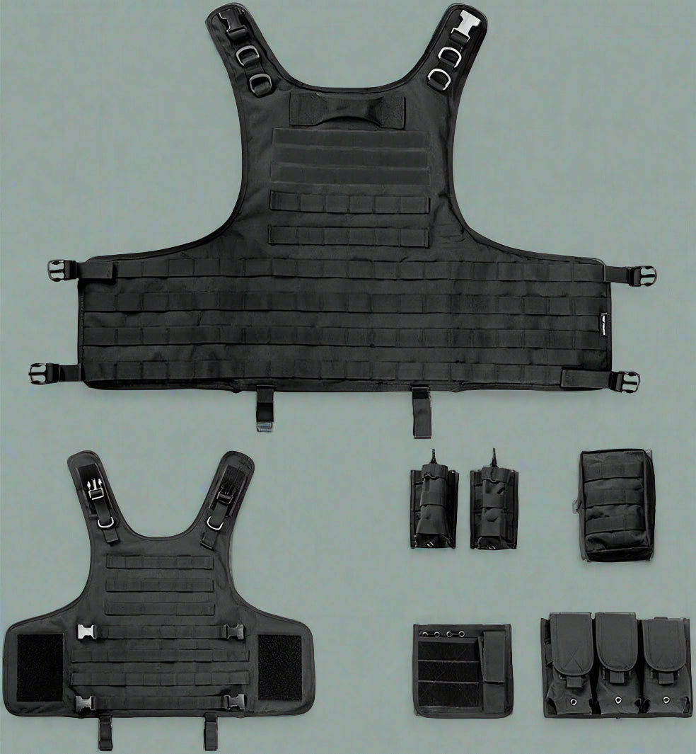 Black Tactical MOLLE Vest – Front View

Tactical Vest Worn by Model – Side View

Adjustable Combat Vest – Straps and Buckles Detail

MOLLE System Tactical Vest – Rear View

Tactical Vest in ACU and A-TACS Camo – Group Display